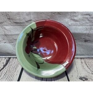 KENT FOLLETTE Art Deco Pottery Round Dish Bowl Floral Cranberry Green Signed